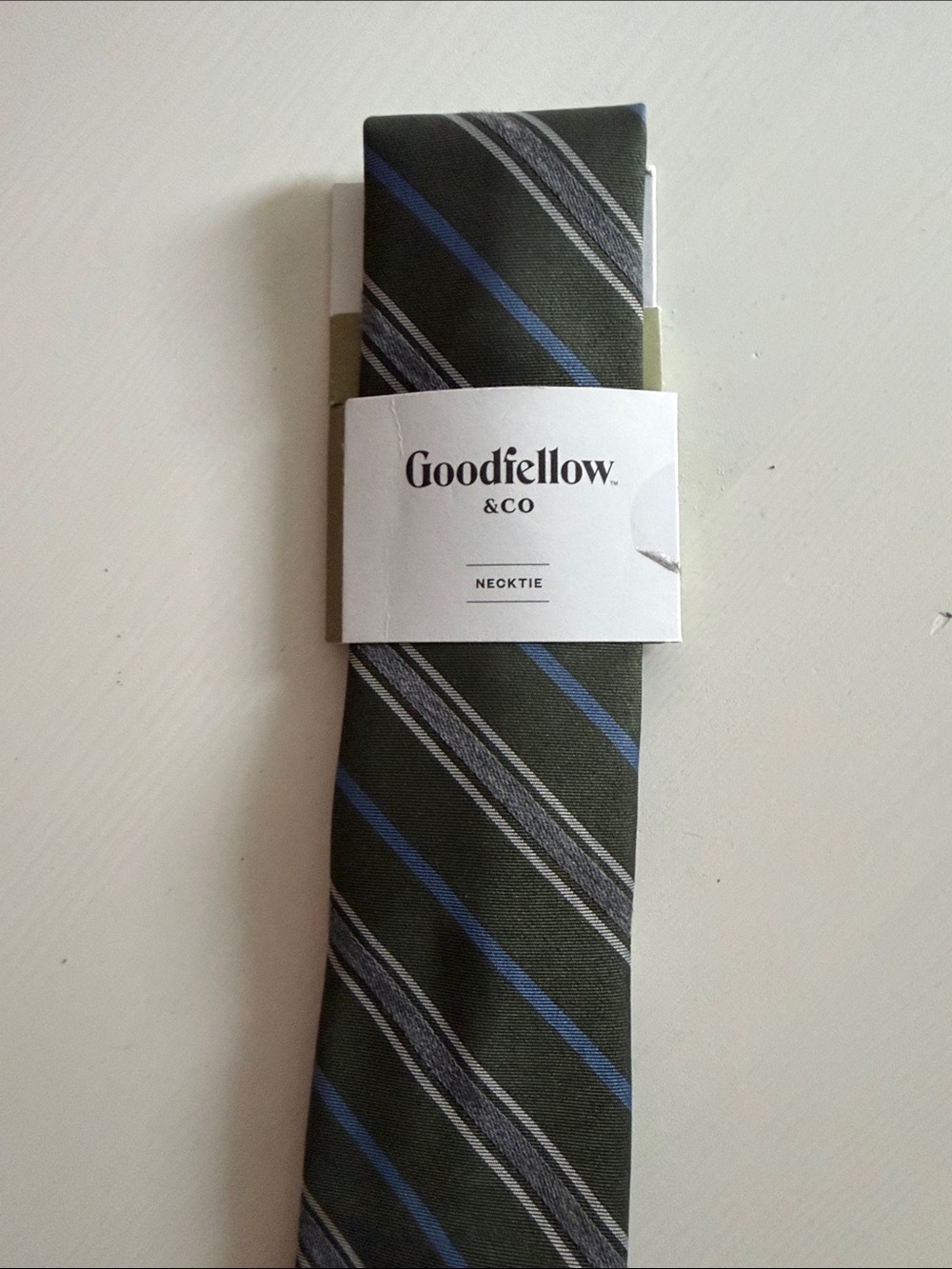 Unisex Goodfellow & Co Olive Green Tie with Blue and Gray Stripes Preppy